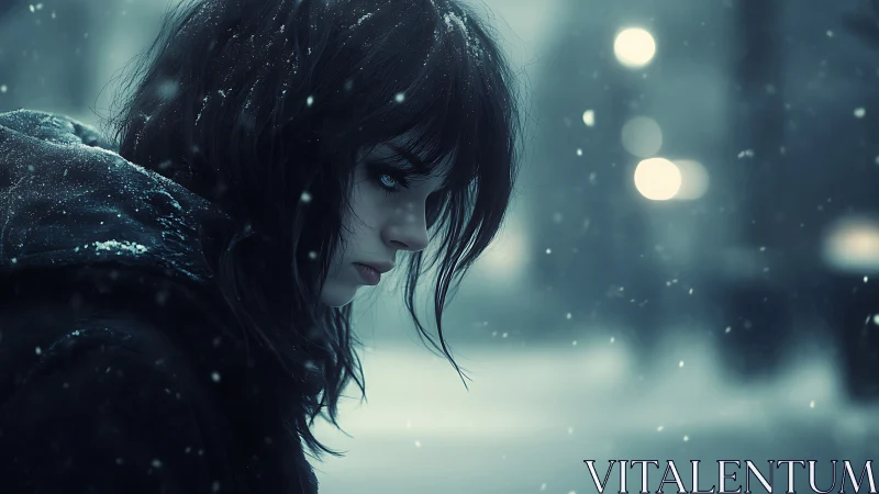Side profile of woman outdoors in falling winter snow.