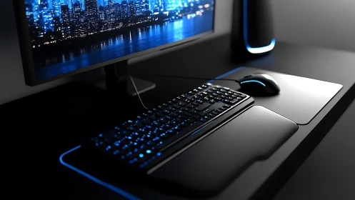 Midnight neon battlestation with skyline-lit serenity.