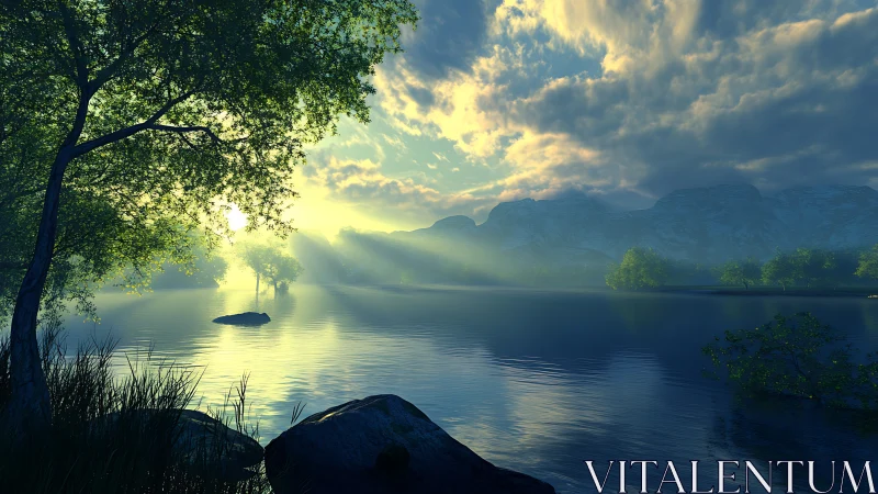 Sunrise light rays sweep across tranquil mountain lake