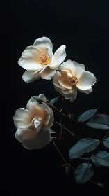 Three white roses with golden stamens displayed against dark background