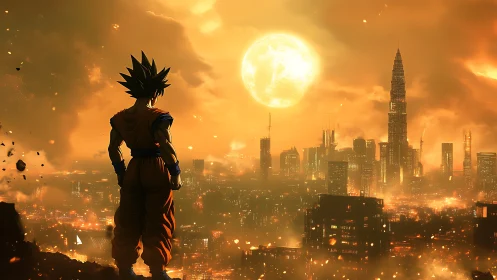 Silhouetted anime warrior overlooking lit orange cityscape.