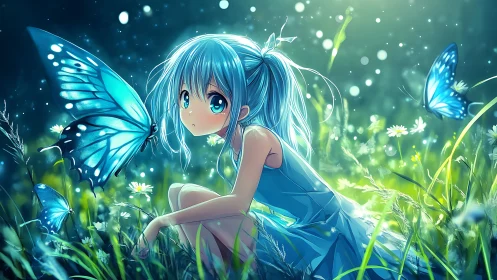 Bioluminescent anime girl with butterflies in luminous meadow