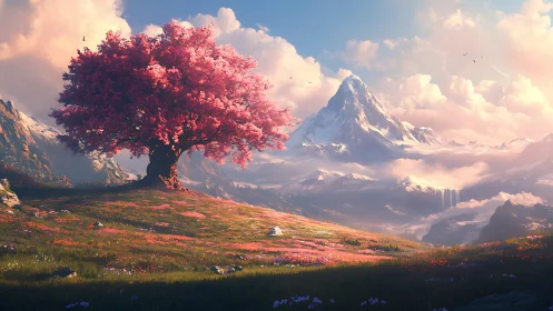Vibrant pink tree on alpine meadow beneath luminous peaks.