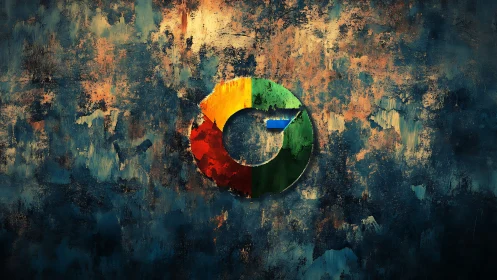 Weathered multicolor ring emblem against textured abstract wall.