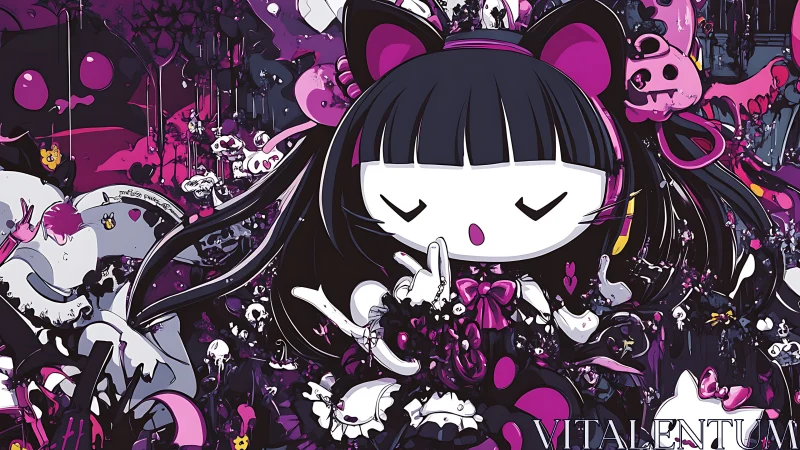 Cat-eared cartoon girl amid dense pink-black fantasy scene.