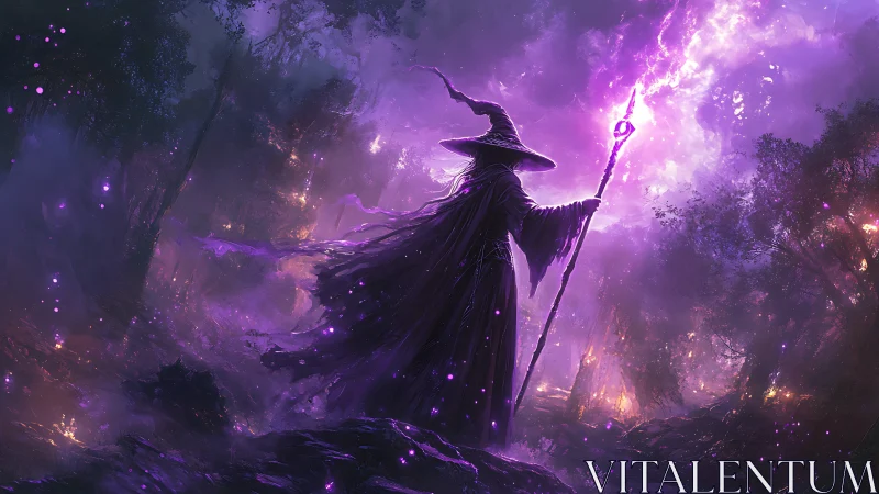 Wizard silhouette stands in glowing purple enchanted forest
