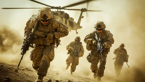 Armed soldiers advancing from helicopter in dusty terrain.