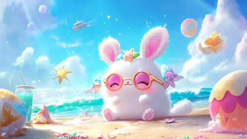Cartoon rabbit with sunglasses on bright tropical beach.