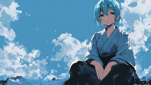 Blue-haired youth in kimono under expansive clouded sky.