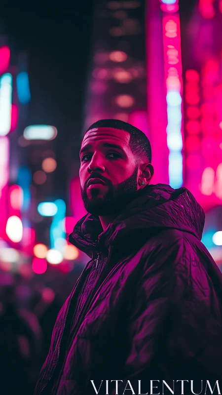 Neon city halos crown a hooded wanderer in quiet focus