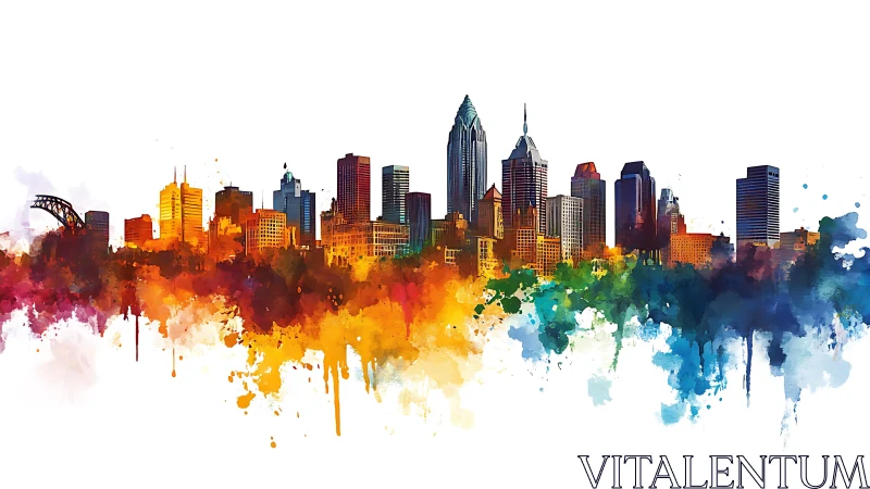 Color-splashed city skyline rises over abstract paint field