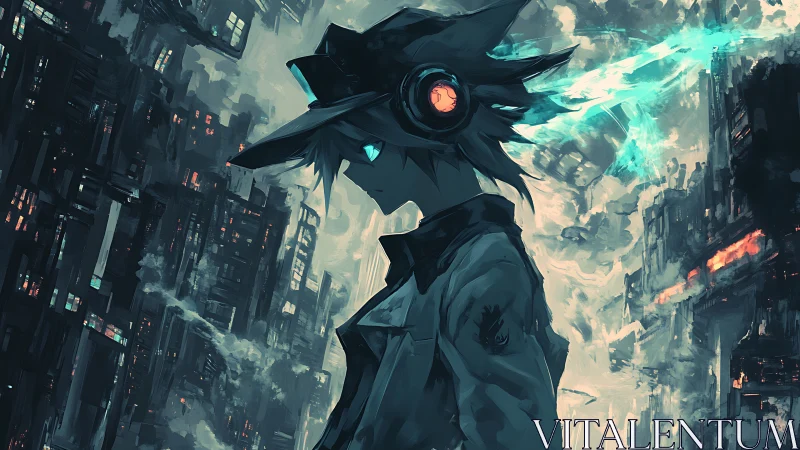 Neon-eyed wanderer contemplates a fractured cyber cityscape.