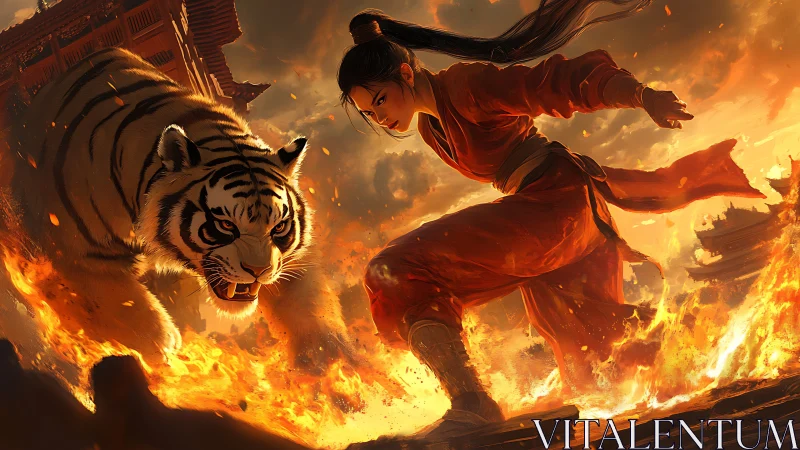 Warrior and tiger charge through fire in blazing sunset