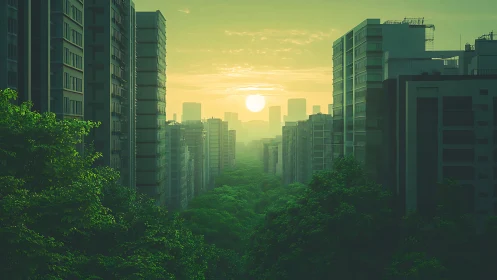 Urban high-rises flank sunlit green canyon at golden hour.