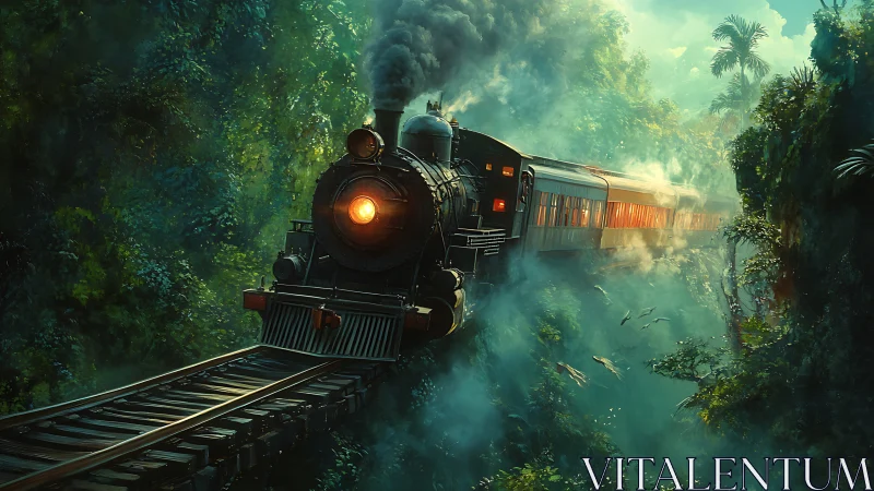 Digital painting of steam train cutting through misty jungle gorge.
