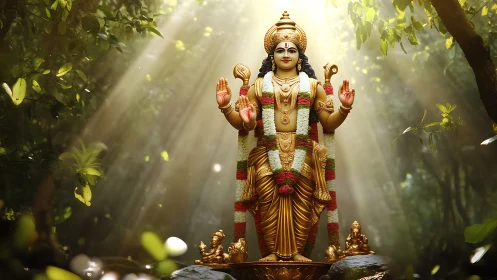 Radiant golden deity sculpture in volumetric forest light.