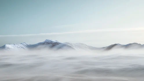 Snowbound mountain ridge emerging through pale morning fog.