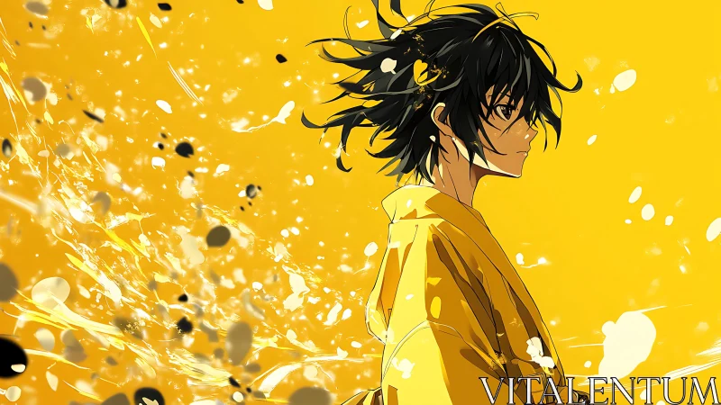 Anime portrait of dark-haired youth amid dynamic yellow splashes