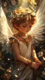 Golden-winged child angel in a quiet garden of light.