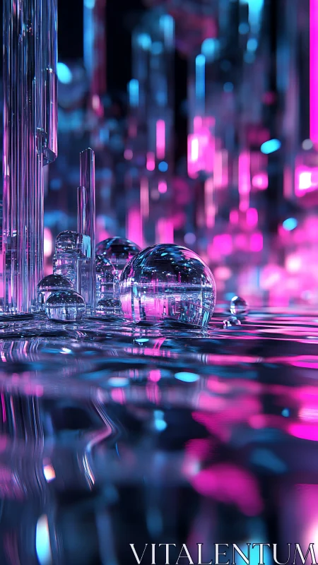 Chromatic glass spheres amid neon crystalline towers.