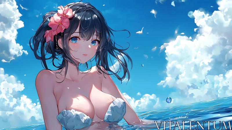 Anime girl in ocean under bright blue summer sky.