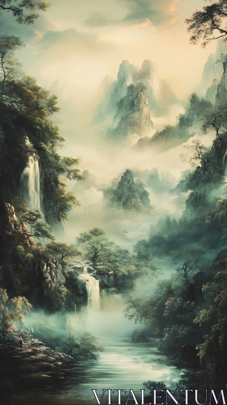 Digital painting of misty tiered waterfalls in vertical valley composition.