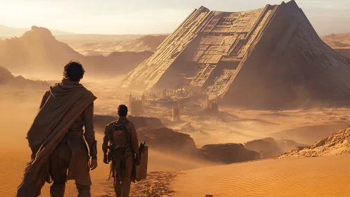 Desert wanderers approach colossal buried sci fi pyramid temple.