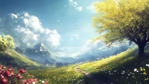 Sunlit mountain meadow stretches toward distant cloud peaks