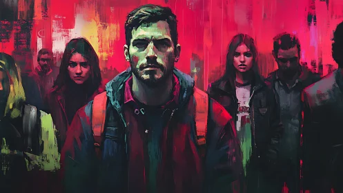 Moody urban crowd with central man in red jacket.