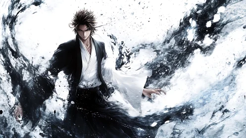 Storm-sculpted swordsman bends ink and light into fury