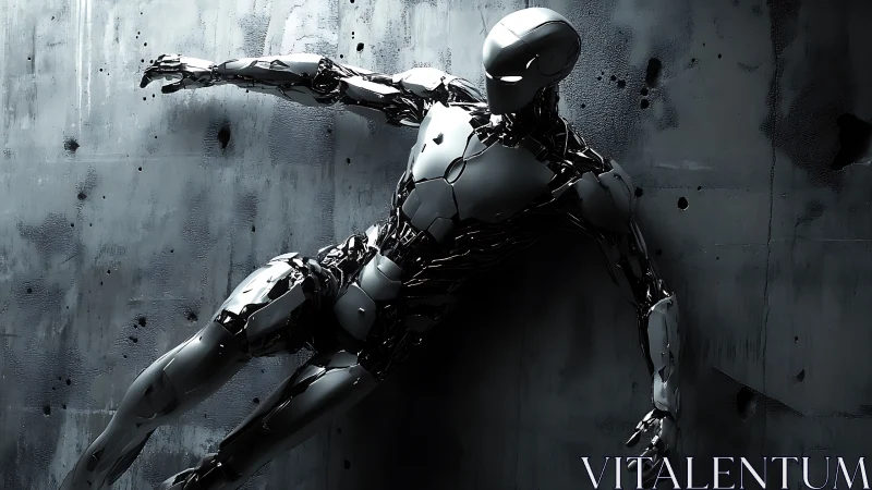 Chrome humanoid robot on dark industrial metal wall