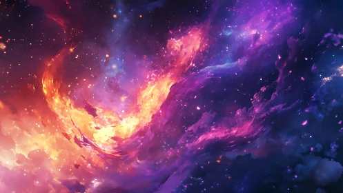 Cosmic nebula currents swirl in luminous magenta and gold plasma