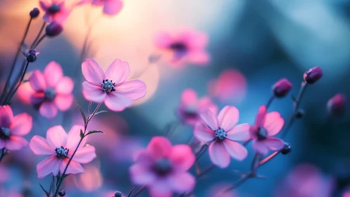 Delicate cosmos blooms suspended between twilight and dream