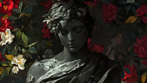 Soft stone muse resting in a garden of deep red blooms.