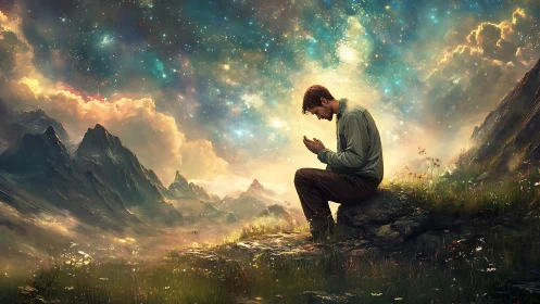 Man in prayer kneels beneath a cosmic sky over wild mountains