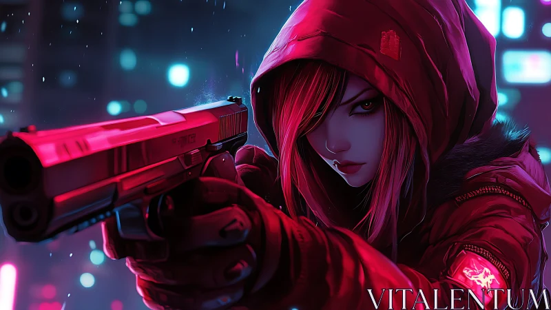 Cyberpunk sniper girl aims pistol in neon drenched alleyway.