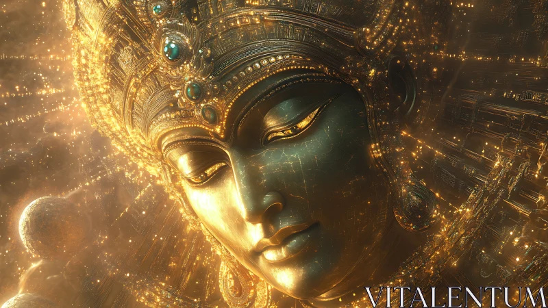 Golden cosmic guardian in serene celestial radiance.
