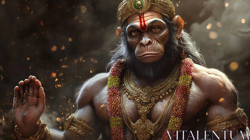 Divine warrior monkey deity in ornate golden regalia.
