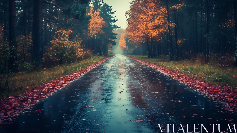 Wet asphalt road through autumn forest with golden foliage