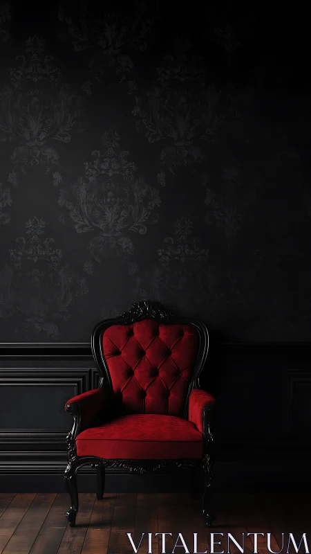 Baroque red velvet armchair in dark tonal interior composition.