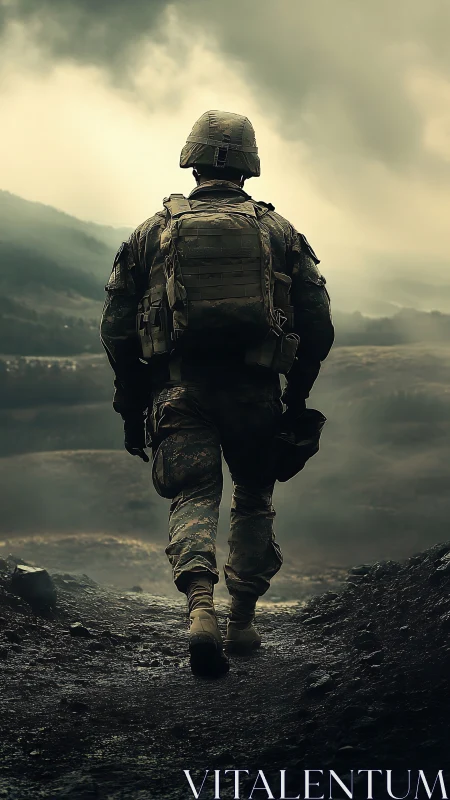 Solitary soldier walks through misty battlefield valley