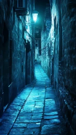 Narrow stone alley glows under cold blue night lantern