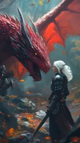 Armored warrior faces red dragon in forest standoff.