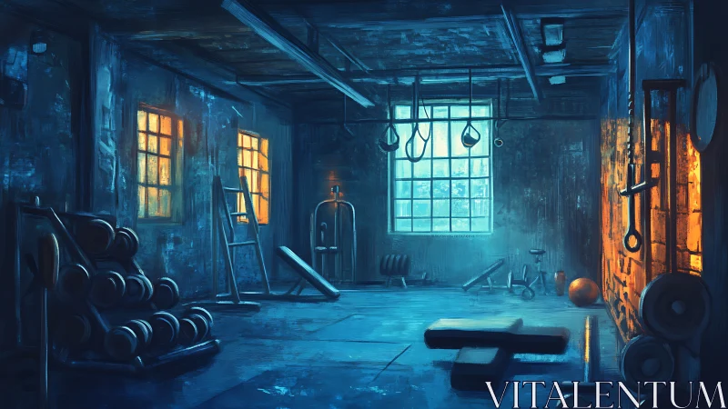 Midnight iron sanctuary glows in moody neon gym light.