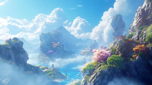 Fantasy mountain isles with mist and vibrant blossom trees.