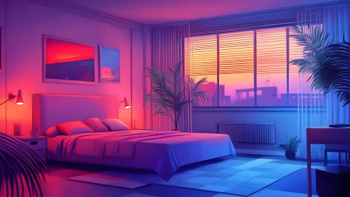 Bedroom interior shows colored lighting and sunset window view
