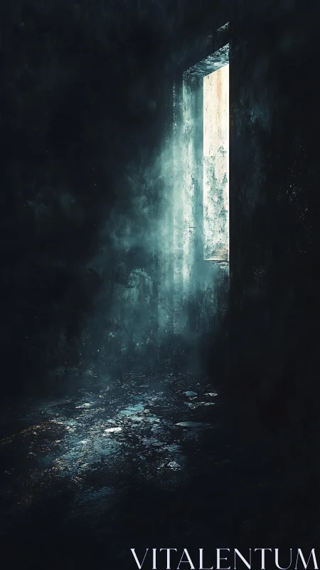 Dim interior with single vertical opening admitting light.