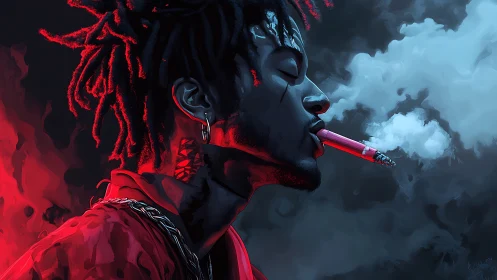 Digital portrait of man smoking in red and blue haze.