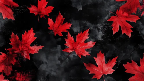 Bold red maple leaves drifting on a moody dark canvas.
