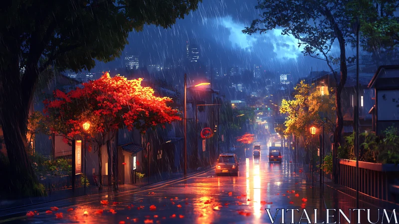 Rainy city street glows under neon reflections and autumn trees